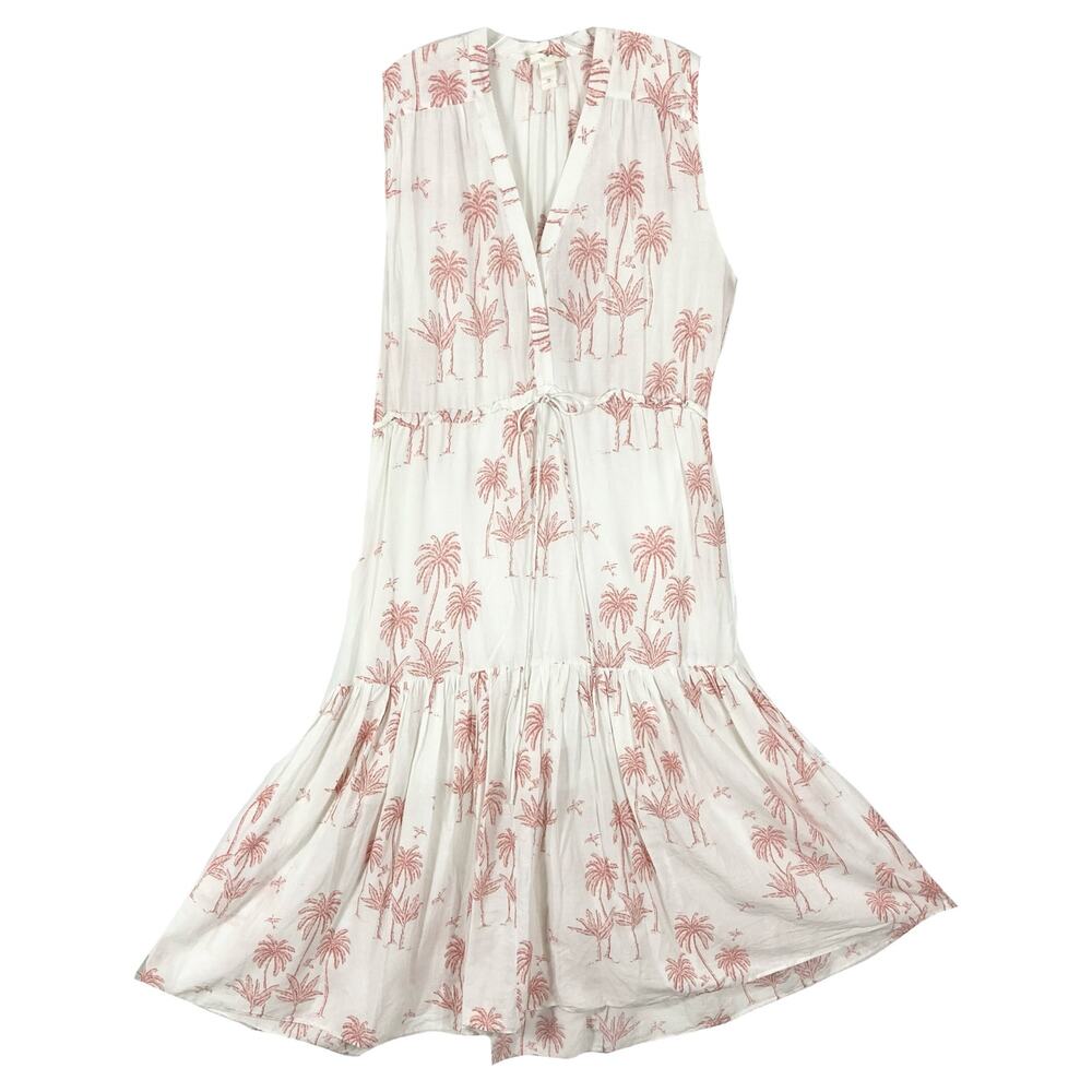 NWOT DESMOND &DEMPSEY X H&M Dress S White Pink Palm V Flare Ruch Tiered Bow Midi